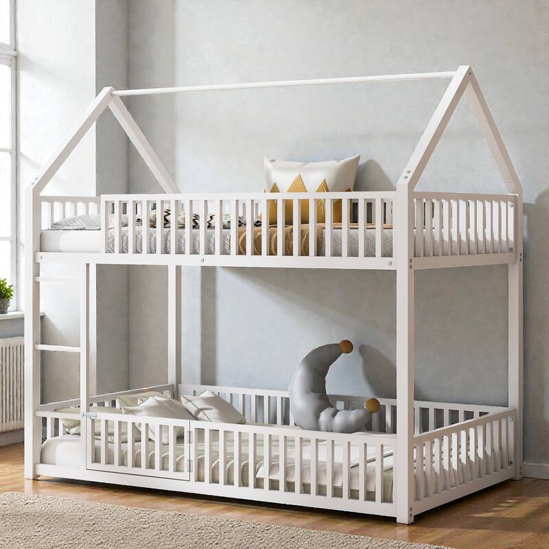 Metal Twin over Twin House Bunk Bed with Fence Guardrails and Door, Kids Playhouse Bunk Bed Frame, No Box Spring Needed - White - Twin