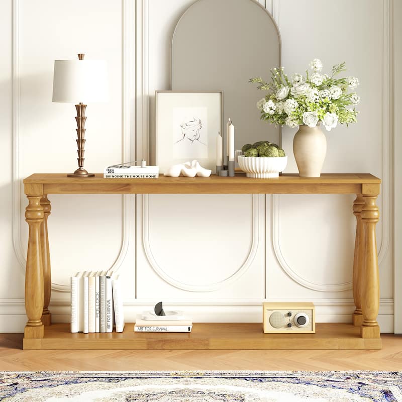 Vintage Wood Grain Console Table, Long Entryway Table Accent Table with Bottom Shelf and 4 Pine Vase Legs for Entryway