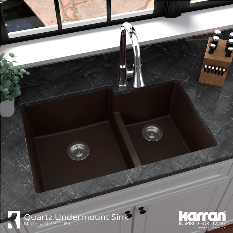 Karran 32" Undermount Large/Small Bowl Quartz Kitchen Sink Kit - 32" x 21.25" x 9"