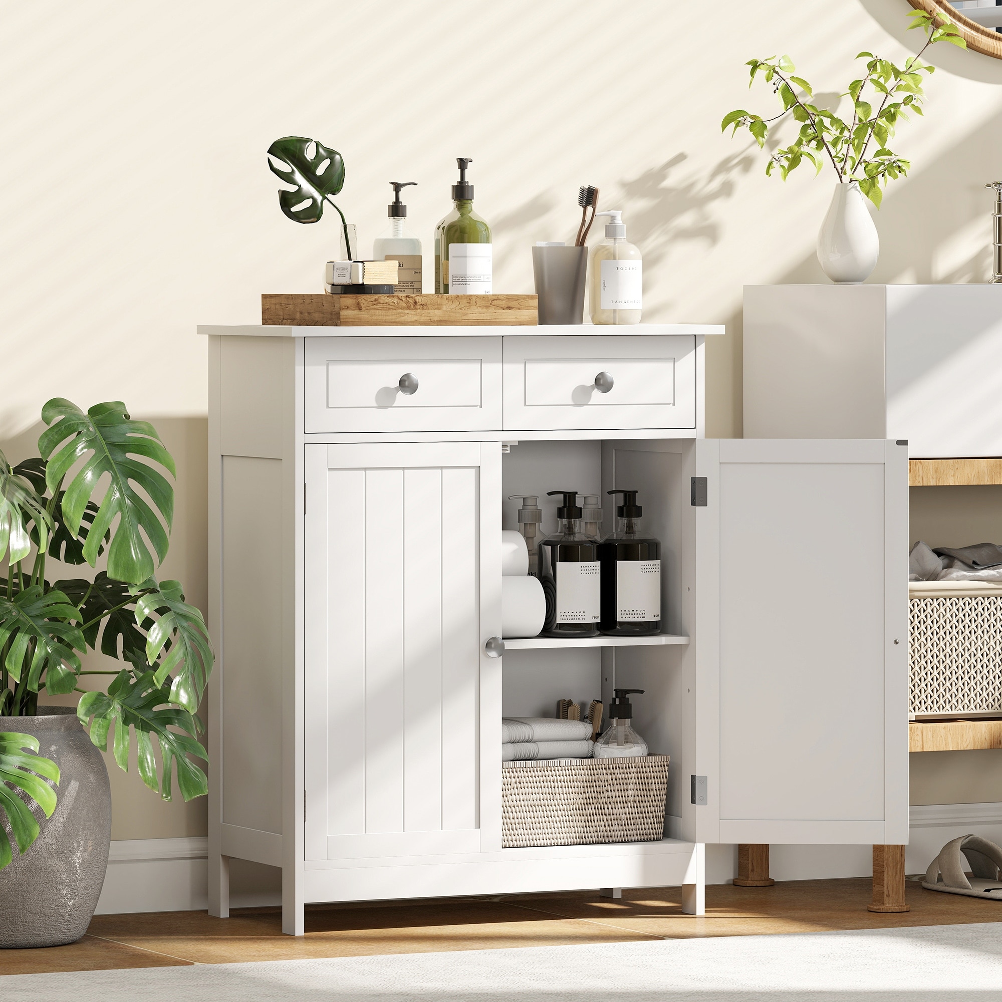 kleankin Freestanding Bathroom Storage Cabinet Organizer Floor Tower with 2 Door, 2 Drawers, Adjustable Shelf, White