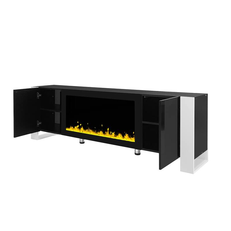 Modern 68.1 TV Stand with Built-in Fireplace, High Gloss Finish, and Spacious Cabinets for Organized Living.