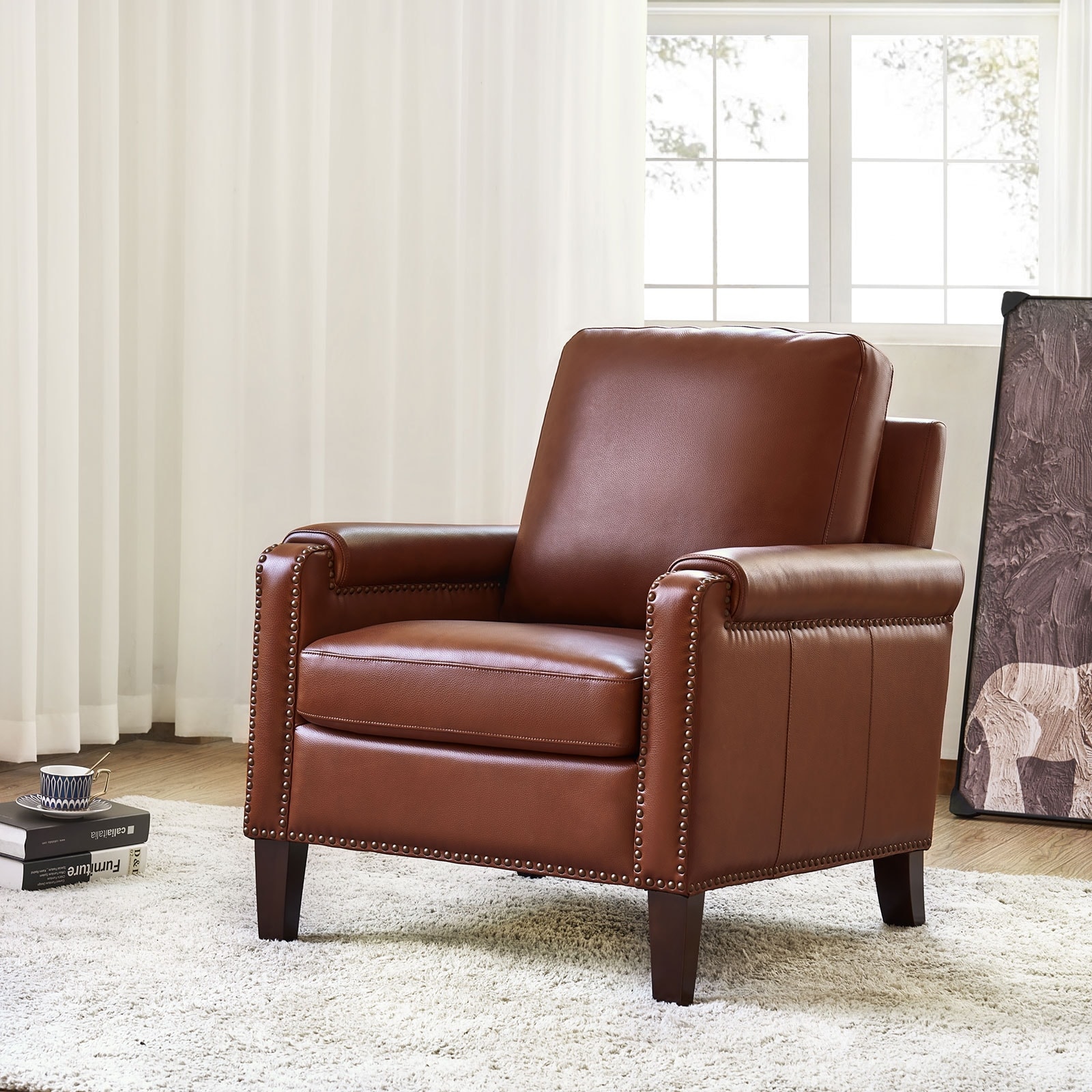 HULALA HOME Kunz Transitional Genuine Leather Armchair with Removable Cushion and Nailhead Trims