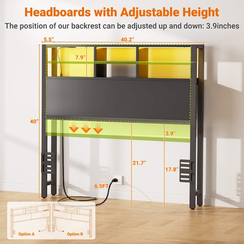 Headboard with Storage and Charge Station, Platform Bed Heaboard with LED Lights