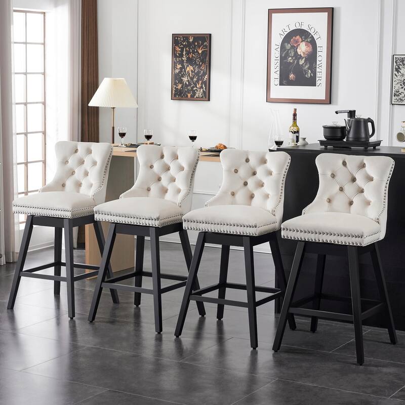 26"/30" Velvet Upholstered Swivel Counter or Bar Height Stools, Set of 4 - Beige - Counter Height