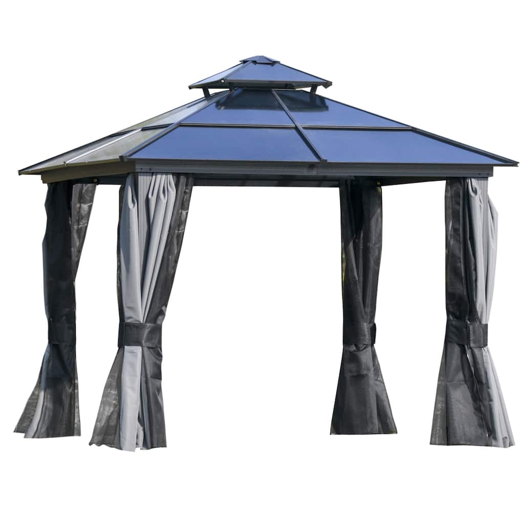 10x10 Hardtop Gazebo with Polycarbonate Roof, Aluminum Frame, Netting & Curtains for Outdoor Use