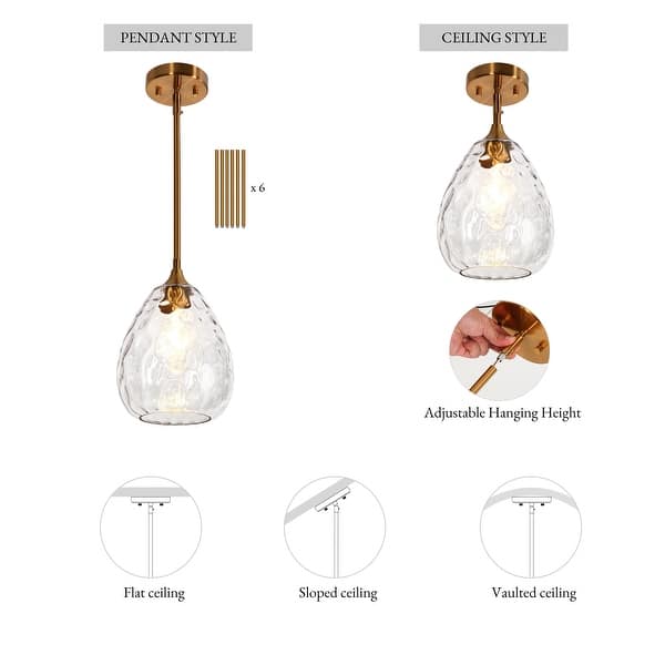 Gold Clear Teardrop Glass Pendant Light – 4.92" Modern Industrial Hanging Lamp For Kitchen Island, Dining Room, Entryway & Stairway (Adjustable Cord)