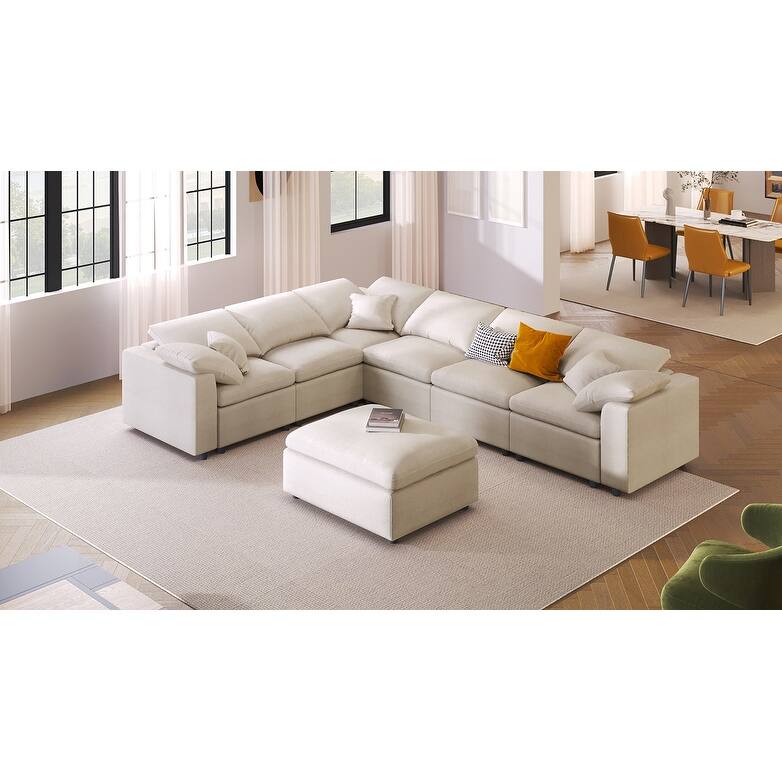 7-Seater Modular Sectional Sofa with Movable Ottoman, Extra Large L-Shaped Chenille Fabric Sofa for Spacious Living Room