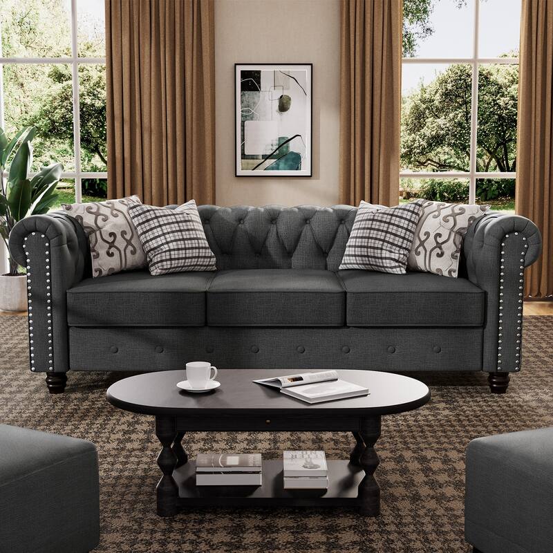 Morden Fort Button Tufted Upholstered Chesterfield Sofa Set Chair and Sofa,2 PCS for Living Room,Linen,Solid Wood Legs