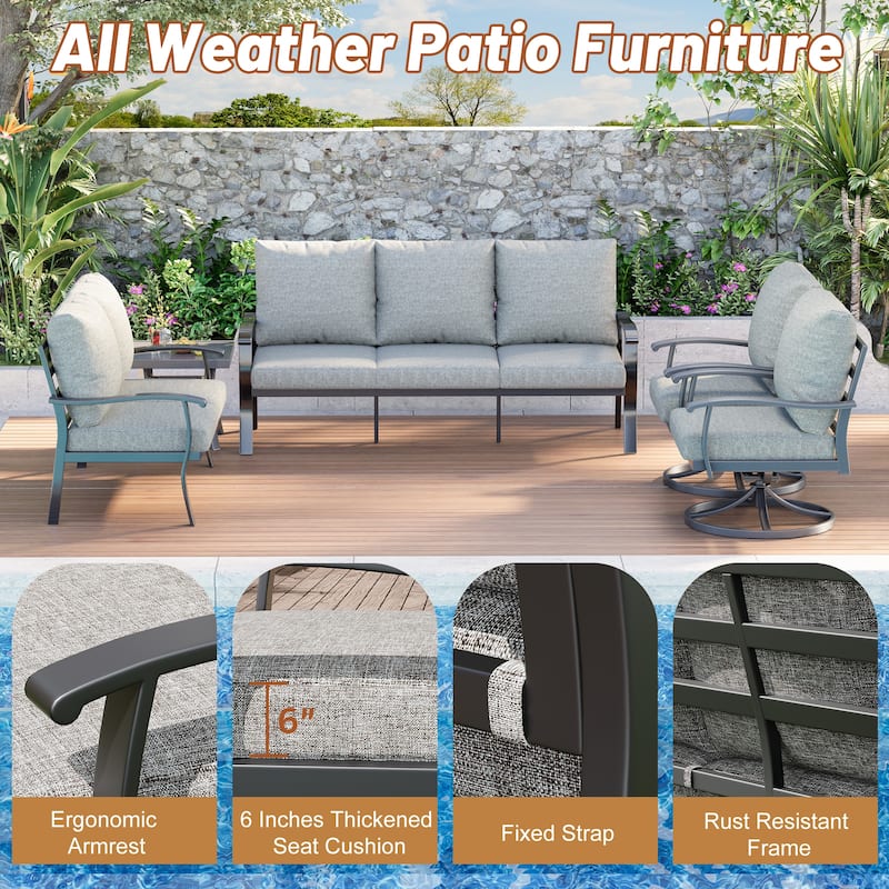 EROMMY Patio Set: 360° Swivel Rockers, Sofa, Ottomans & Table – Outdoor Conversation Set for Poolside, Garden & Deck