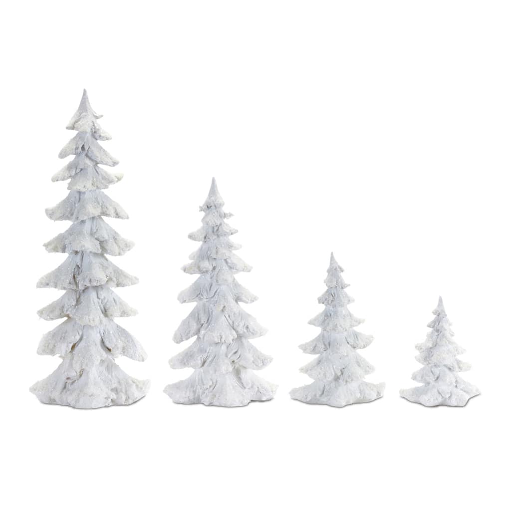 Flocked White Pine Tree with Carved Design (Set of 4) - N/A