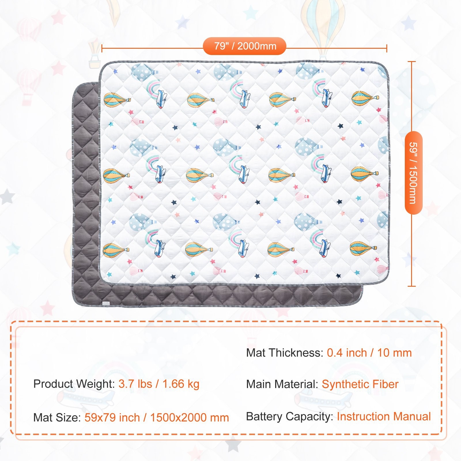 White Synthetic Fiber Baby Play Mat 59x79 Inch with Anti-Slip and