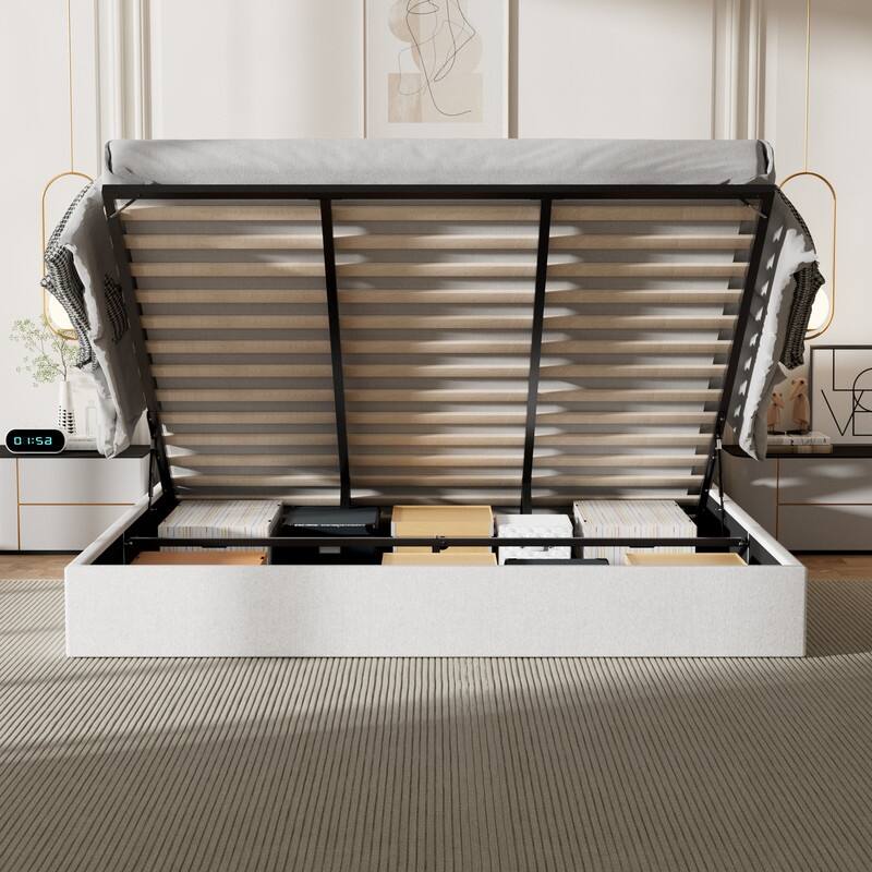 Modern Upholstered Lift-Up Storage Platform Bed with Headboard