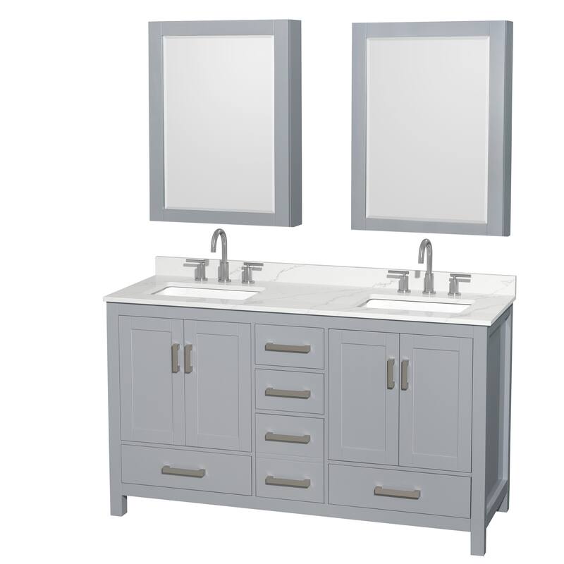 Sheffield 60-inch Double Vanity, 3 Hole Quartz Top, Med Cabinets - Gray, Chrome Trim, Giotto Quartz Top