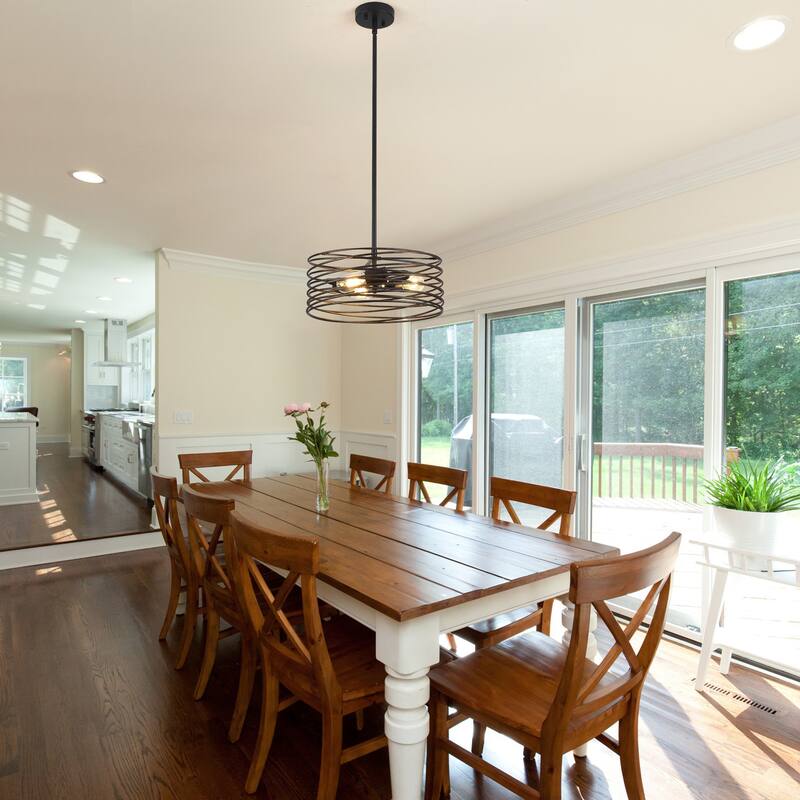 3-Light 14.96" Classic Caged Drum Metal Chandelier, Classic Semi Flush Mount Chandelier for Dining Room - W14.96"x H5.9"