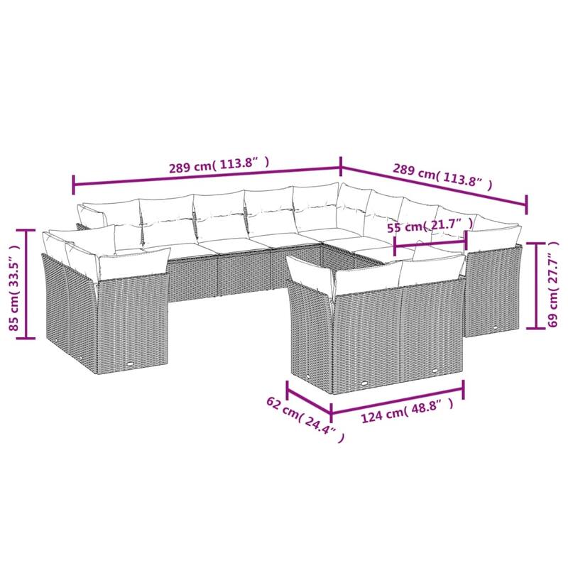 vidaXL Garden Sofa Set Beige, Cream White PE Rattan, Powder-Coated Steel - 24.4 x 24.4 x 27.2