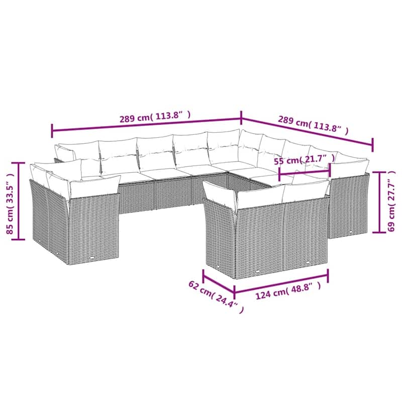 vidaXL Garden Sofa Set Grey PE Rattan Large Adjustable Feet - 24.4 x 24.4 x 27.2