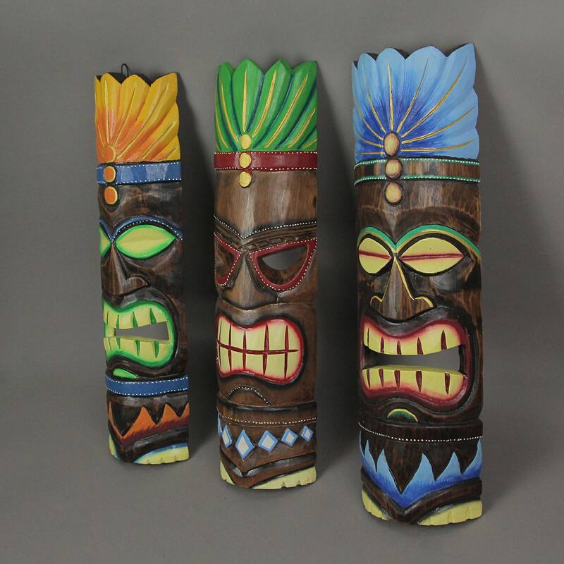 Set Of 3 Brightly Painted Hand Carved Elemental Tiki Style Wall Masks