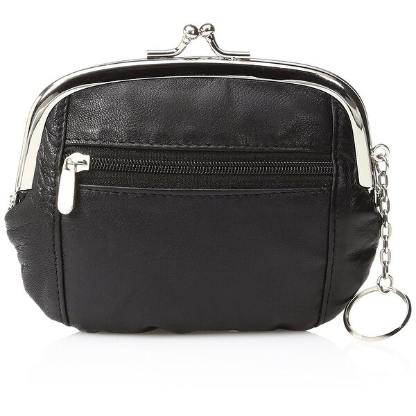 Leather Womens Wallet Metal Frame Zippered Coin Purse ID WIndow Card Case Black