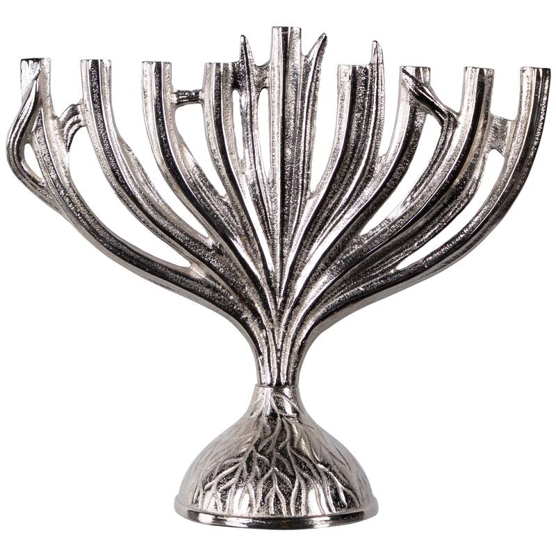 Textured Tree Branch Textured Metal Hanukkah Menorah - 15.5" - Nickle Silver