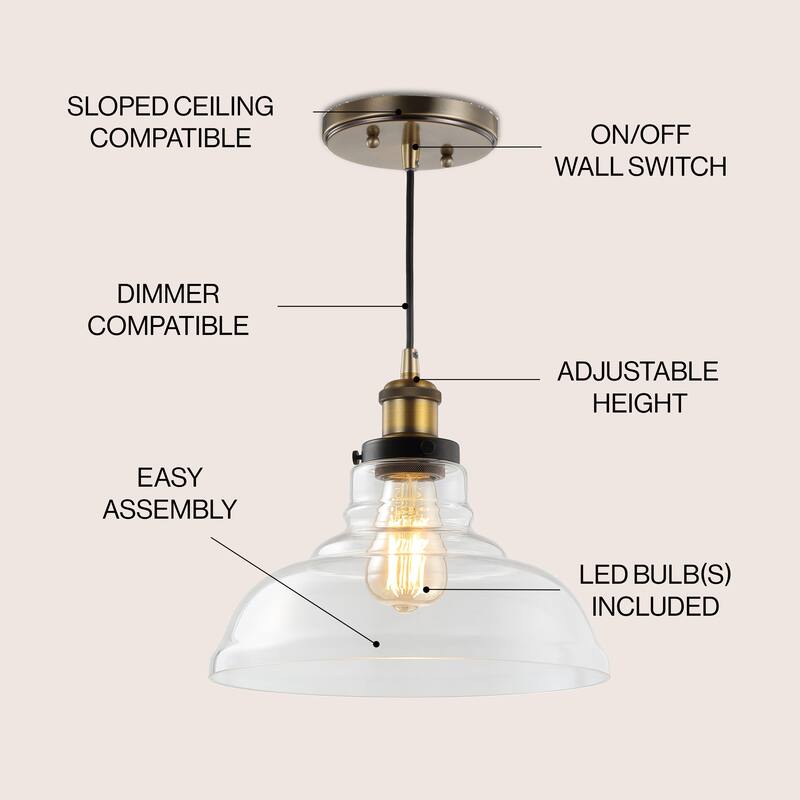 Fontaine 11" Farmhouse Metal/Glass LED Pendant, Brass Gold by JONATHAN Y