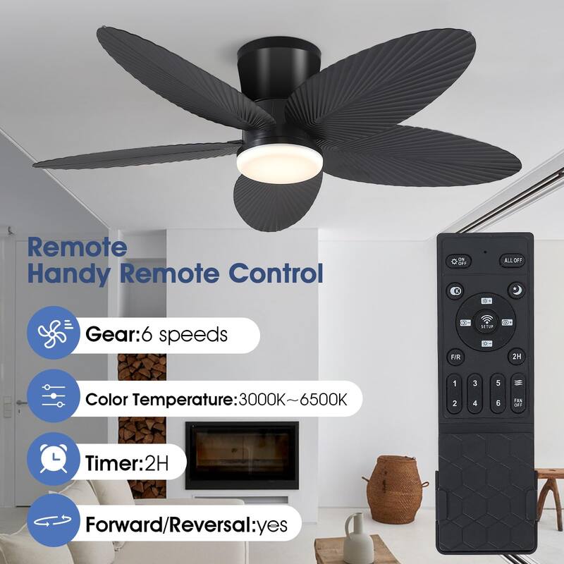42 Inches Flush Mount Ceiling Fan with Light and Palm Leaf ,3CCT Dimmable LED Integrated,for Indoor and Outdoor - 42 Inches
