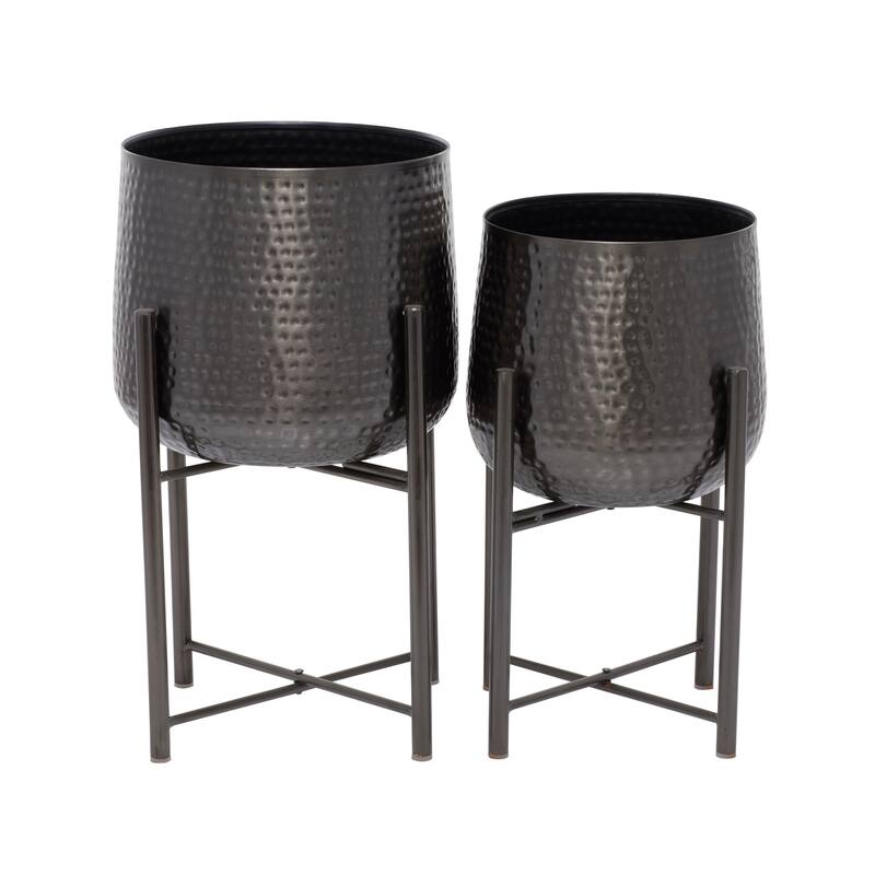 Metal Hammered Planter with X-Shaped Stands - Set of 2 Silver, Black or Gold - CosmoLiving by Cosmopolitan