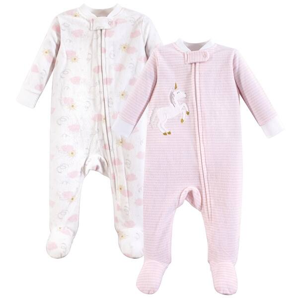 slide 1 of 1, Yoga Sprout Baby Girl Fleece Zipper Sleep and Play 2pk, Unicorn 0-3 Months - Unicorn