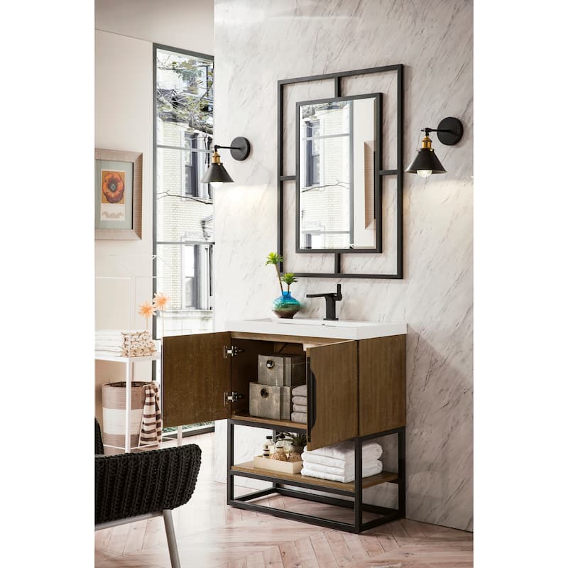 James Martin Vanities Columbia 31.5" Single Vanity, Latte Oak with White Glossy Composite Stone Top