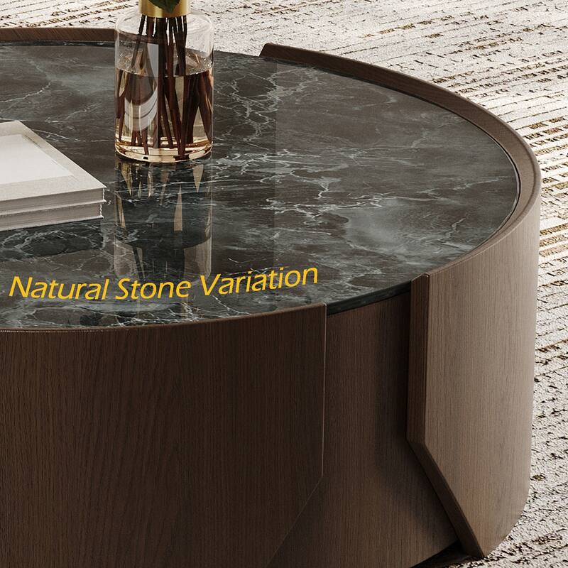 35.43" Modern Round Coffee Table, Dark Brown Solid wood, Glossy Faux Marble Table top, for Living Room