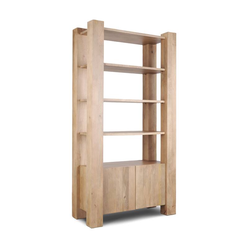 HomeRoots 42" Natural Solid Wood Four Tier Bookcase with Two Doors