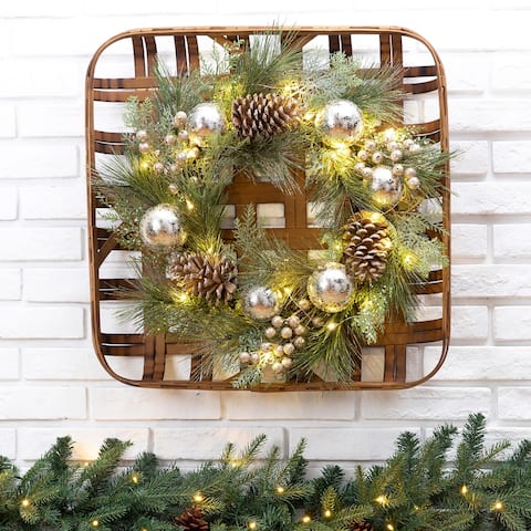 24"D Pre-Lit Ball Berry Holly Pinecone & Ornament Wreath with Tobacco Basket Set