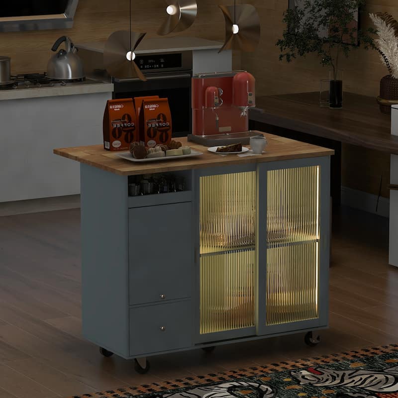 Kitchen Island with Drop Leaf,Light Cart on Wheels with 2 Glass and 1 Flip Cabinet Door,Island Cart with an Shelf and 2 Drawers