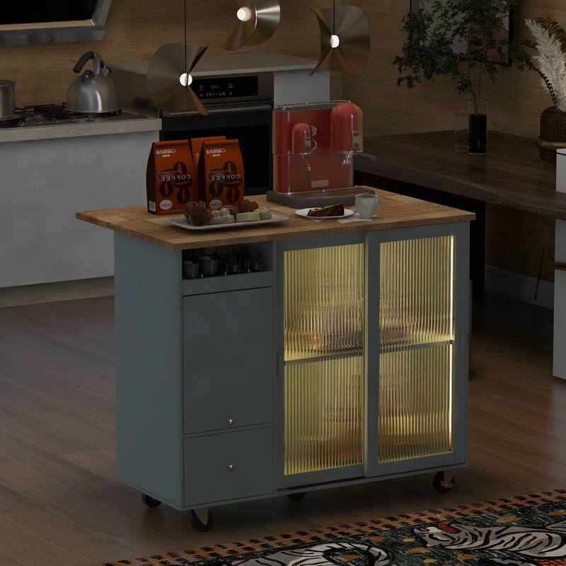 LED Light Kitchen Cart on Wheels with 2 Fluted Glass Doors