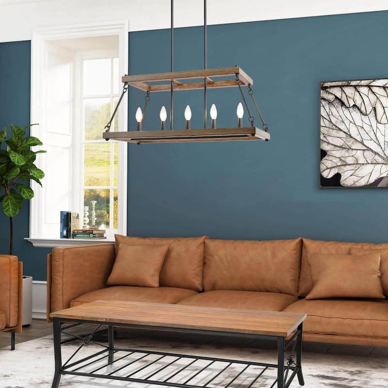 Farmhouse 5-Light Linear Chandelier Wood Grain Island Lights for Dining Room - L 30"x W 12"x H 12.5"