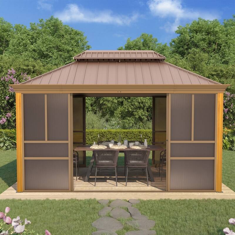 Outdoor Hardtop Sunroom Gazebo with Double Roof & Sliding Doors, All-Season Aluminum Outdoor Pergola, PE Screens&Lockable Design