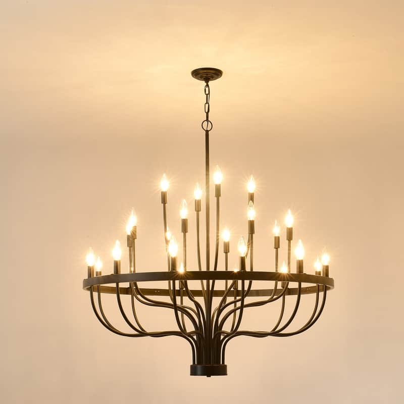 Black Chandelier Modern Farmhouse Chandelier for Dining Room Round Industrial Candle Chandeliers Light Wagon Wheel Chandelier