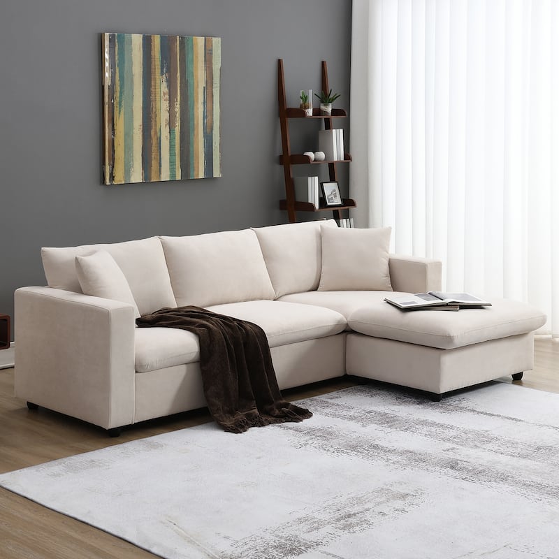 Beige 100.4'' Polyester L-Shaped 4-Seat Sectional Sofa Couch with Convertible Ottoman and 2 Pillows, Contemporary Design - Beige