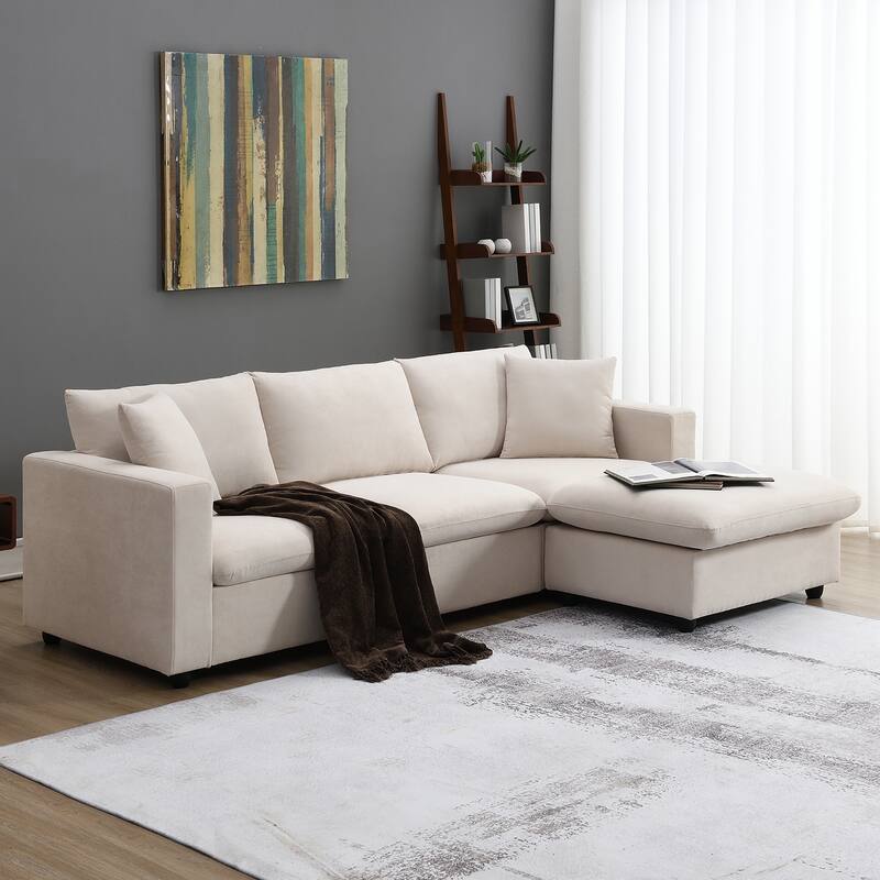 L-shaped Couch Set with 2 Free pillows,4-seat Polyester Fabric Couch Set with Convertible Ottoman for Living Room, Apartment