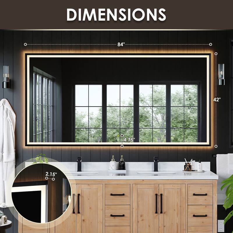 Apollo Rectangular Anti-Fog Dimmable Modern Bathroom/Vanity LED Lighted Wall Mirror in Matte Black Aluminum Framed