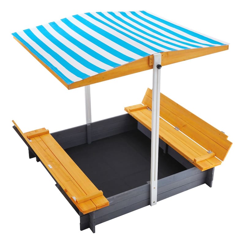 Square Wooden Sandbox with Canopy with Foldable Bench Seats and Bottom Liner - 57.3” x 47.2” x 47.2”