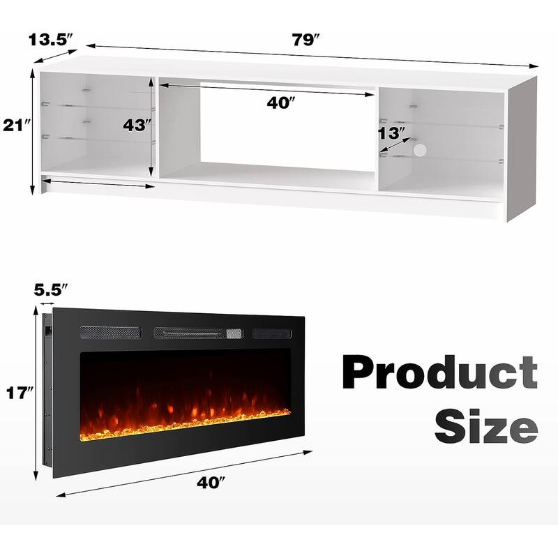 EROMMY 79" Fireplace TV Stand with 40" Electric Fireplace, Entertainment Center with Adjustable Glass Shelves