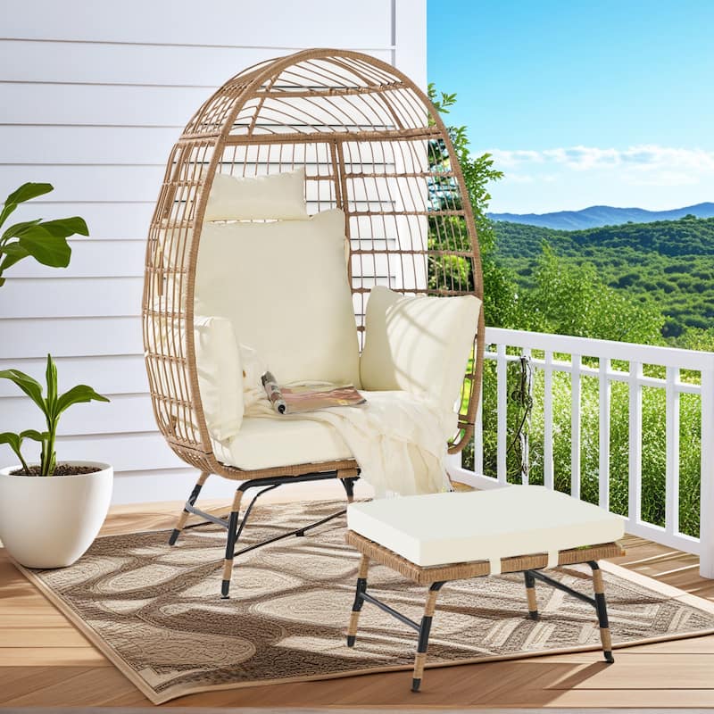 Luxury All-Weather Egg Chair with Ottoman, Oversized Rattan Hanging Chair for Patio, Balcony & Backyard