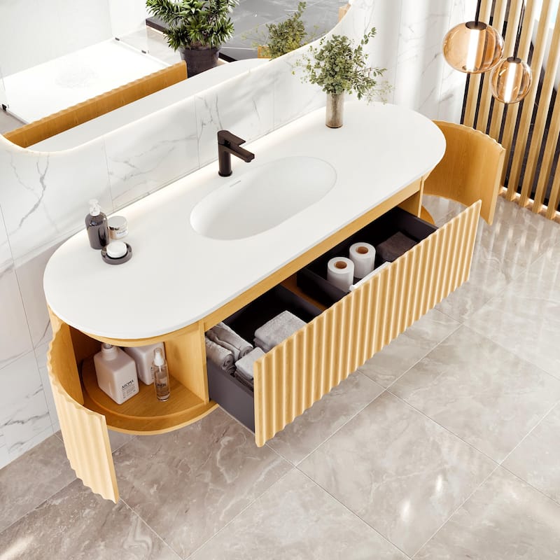 Haven 64"W Oak DS Wallmount Bath Vanity with Integrated Sinks
