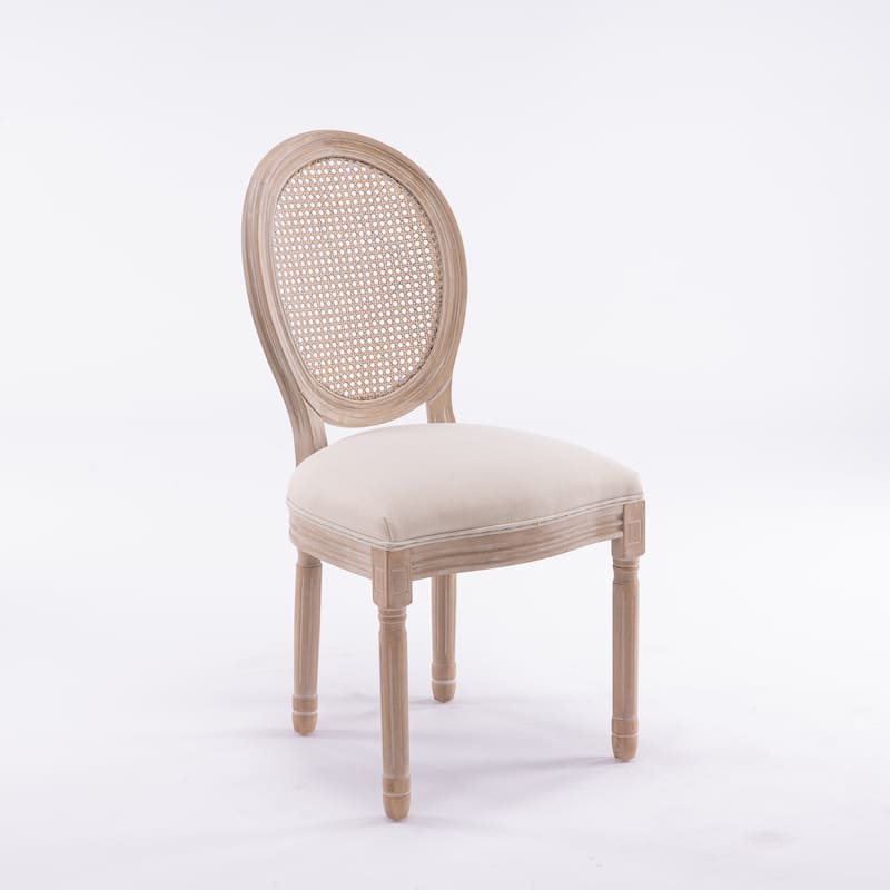 French Style Solid Wood Frame Linen Fabric Rattan Back Dining Chair, Set of 2