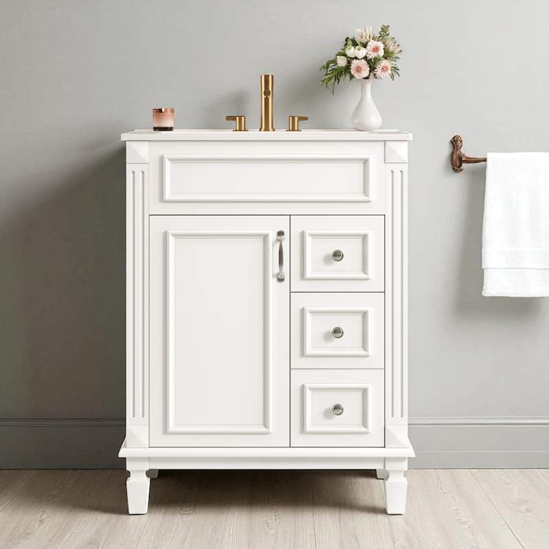 24" Bathroom Vanity with Ceramic Sink, Modern Small Cabinet with 2 Drawers and Shelf, Soft-Closing Door - White