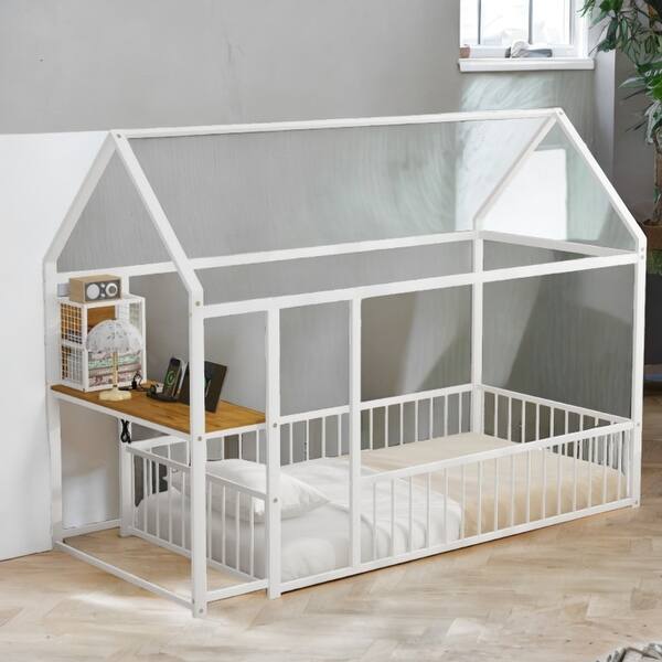 slide 2 of 18, White Metal Twin Size Floor Bed with Desk w/USB Ports, Kids Bed with Storage Shelf