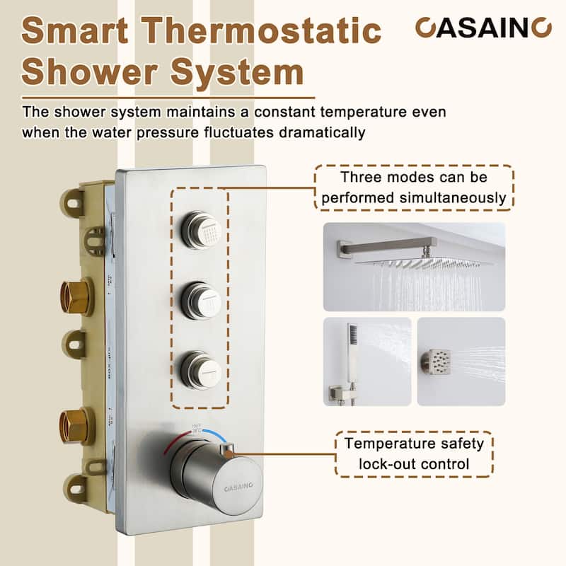Luxury Thermostatic Shower System 1-Spray Patterns Wall Mount Fixed Shower Head and Handheld Spray with 6 Body Jets - 12" x 12"