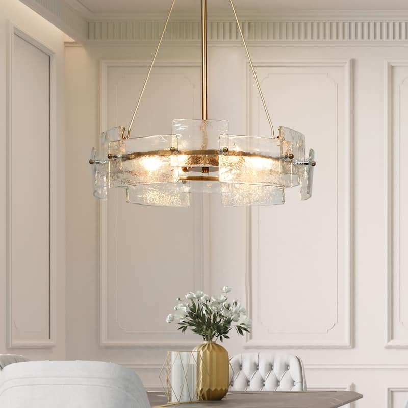 Modern Glam Gold 6-Light Drum Chandelier Textured Glass Pendant Light for Dining Room - D 20.5" x H 24"