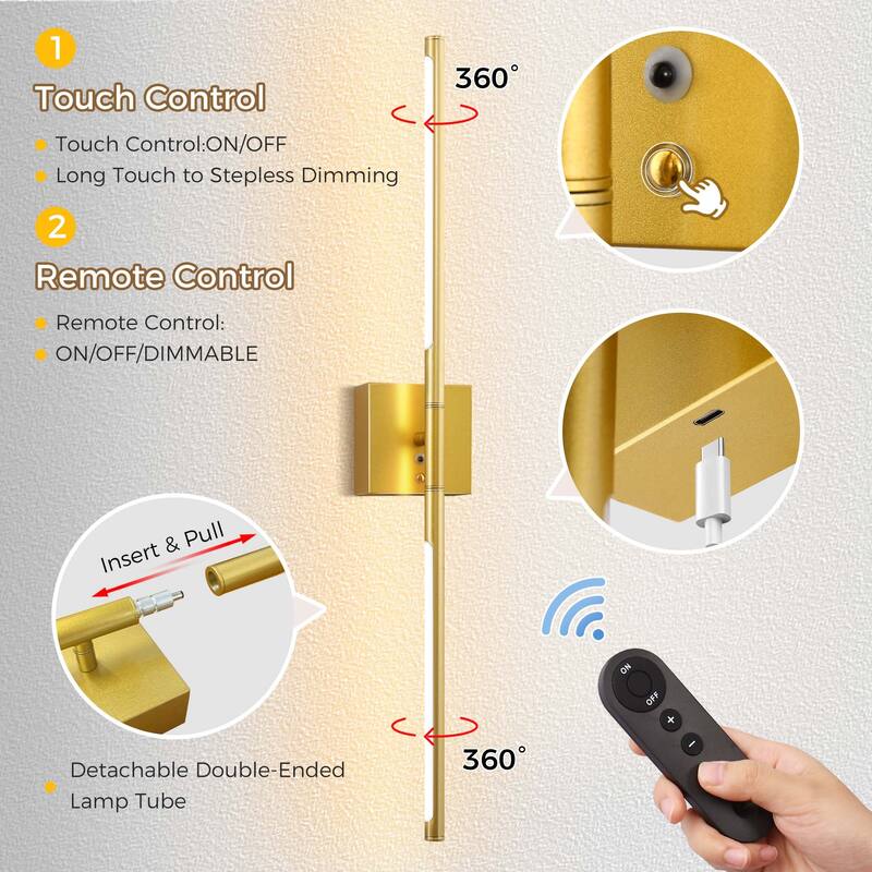 YANSUN 2pack Rechargeable Wall-Mounted LED Lamp - Gold Tube, IR Remote