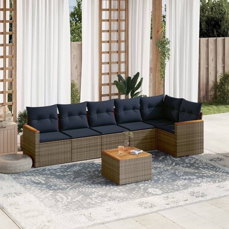 vidaXL Patio Sofa Set with Cushions Outdoor Conversation Furniture Poly Rattan - 24.4x 24.4x 27.2 - Grey and Blue-With table